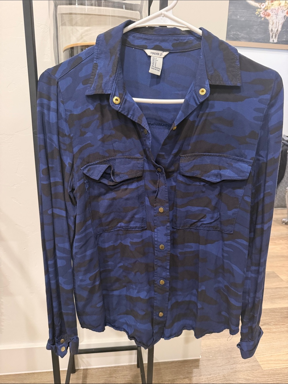Forever 21 Blue & Black Camo Button-Down Shirt